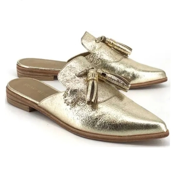 {7.5} Stuart Weitzman Metallic Gold Slide Along Tassel Mules - Picture 1 of 12